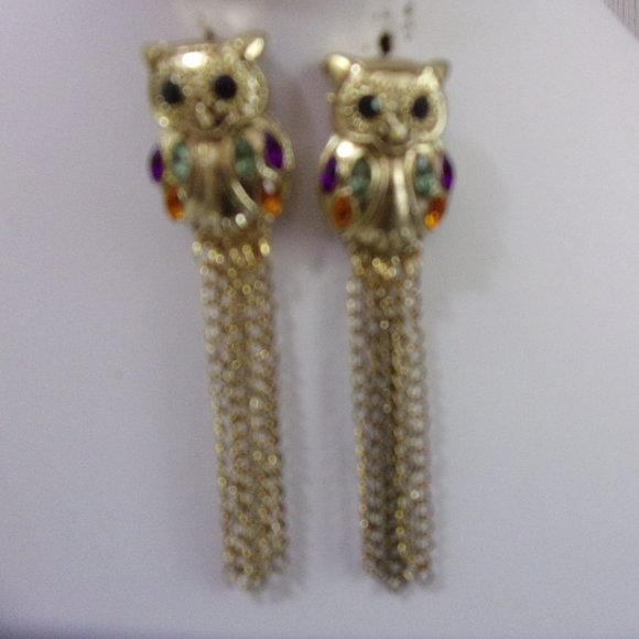Gold Plated/Mult-Colored Crystals/Owl Earrings - Picture 1 of 2
